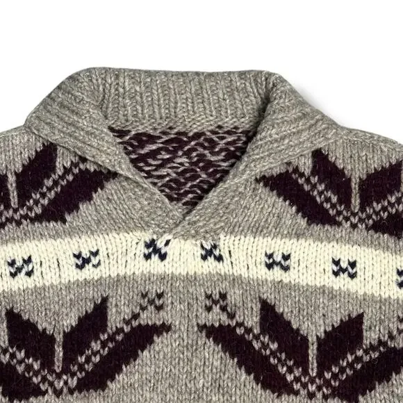 Vintage Cowichan Wool Sweater Pullover Shawl Collar Handmade Gray Burgundy Sz S
